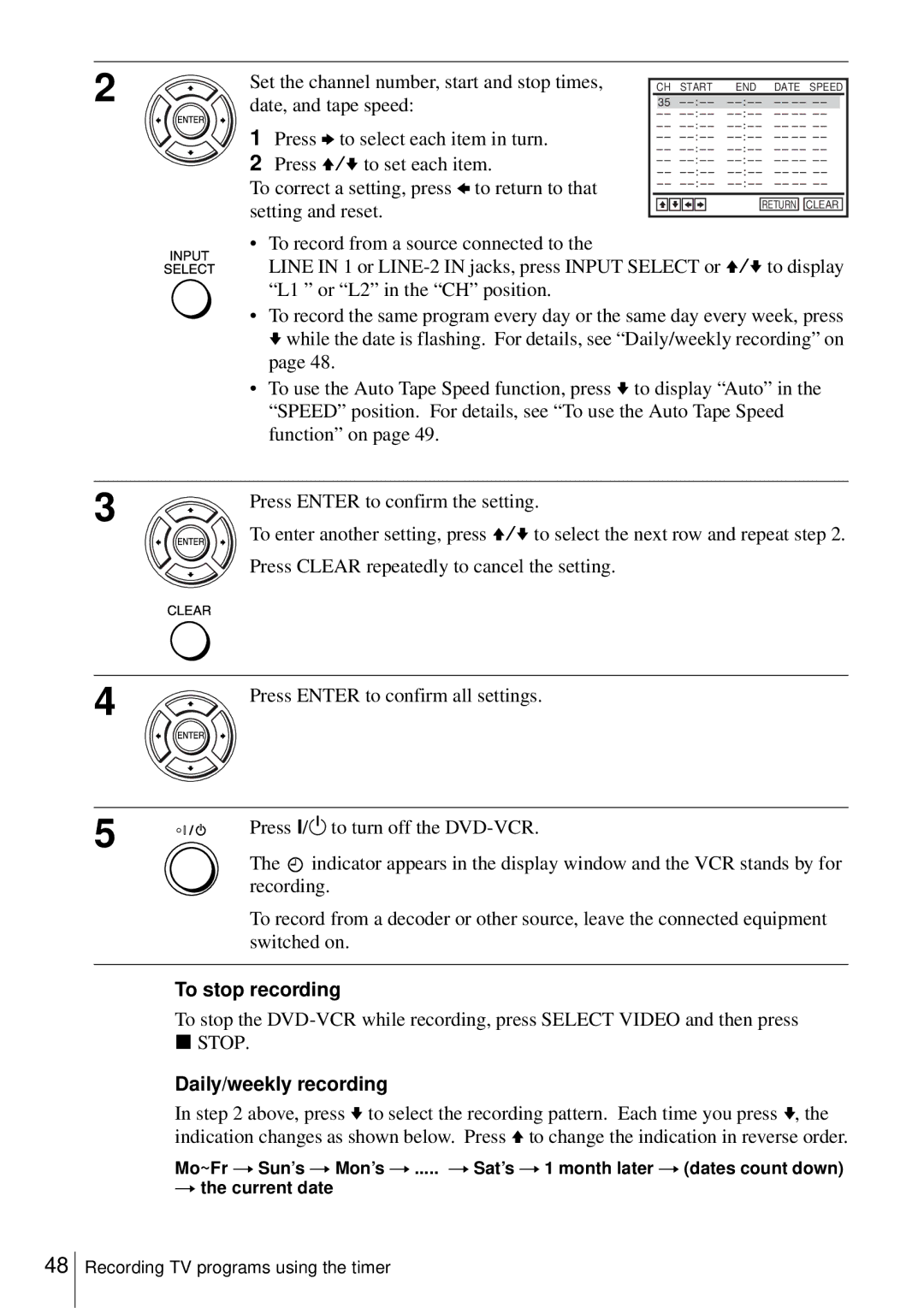 Sony D350P, SLV-D550P operating instructions To stop recording, Daily/weekly recording 