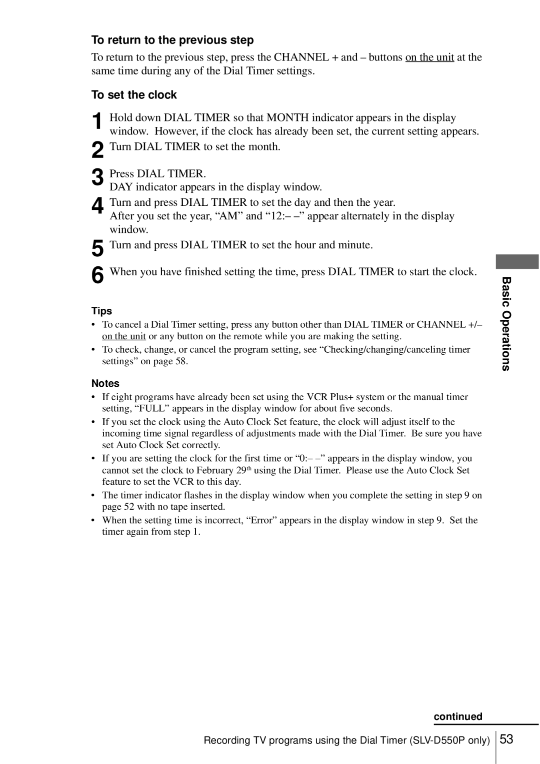 Sony SLV-D550P, D350P operating instructions To return to the previous step, To set the clock 