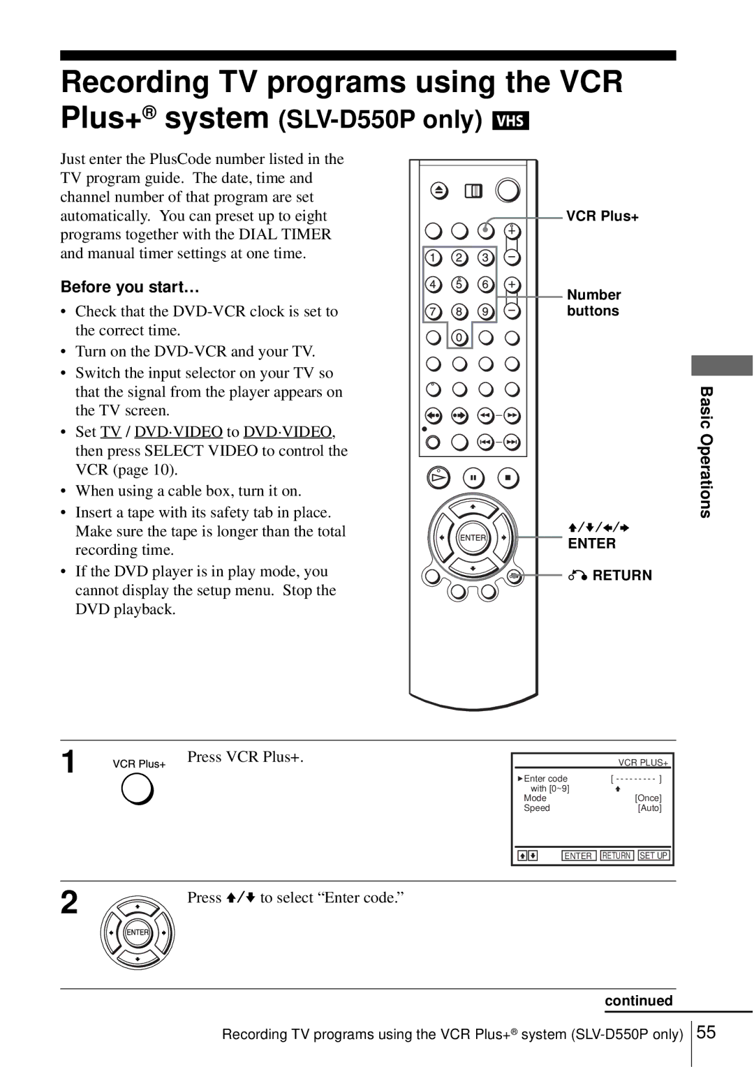 Sony SLV-D550P, D350P Recording TV programs using the VCR, Press VCR Plus+, Press V/v to select Enter code 