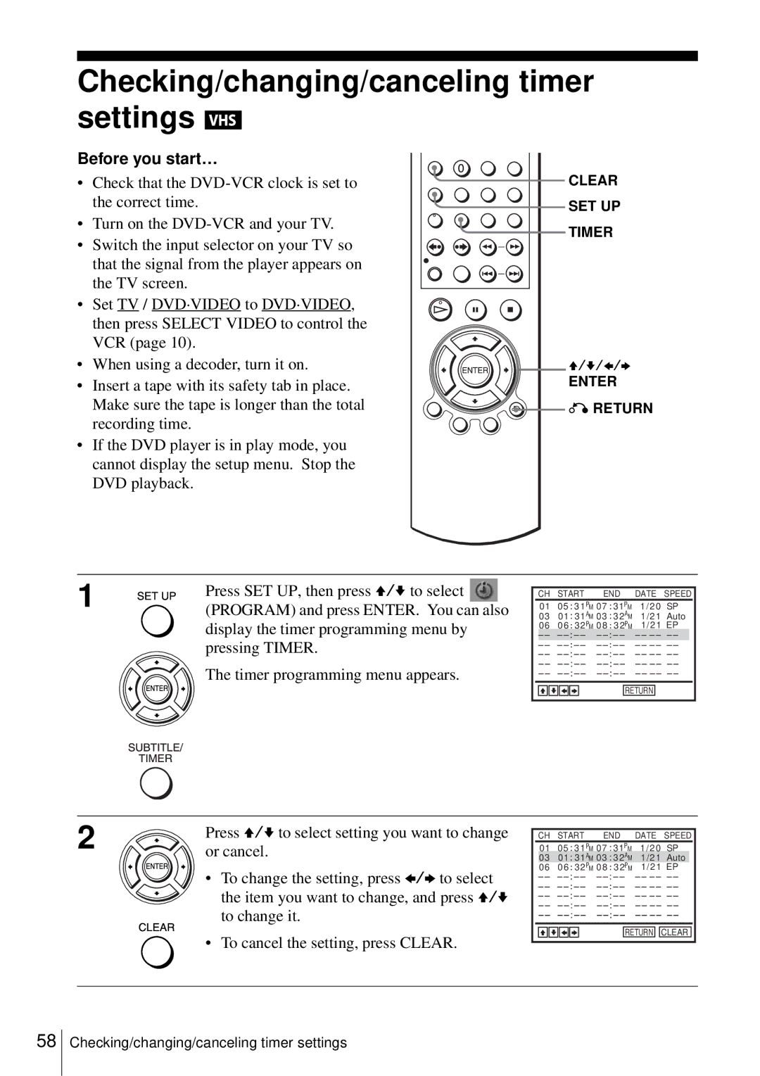 Sony D350P Checking/changing/canceling timer settings, Press V/v to select setting you want to change, Or cancel 