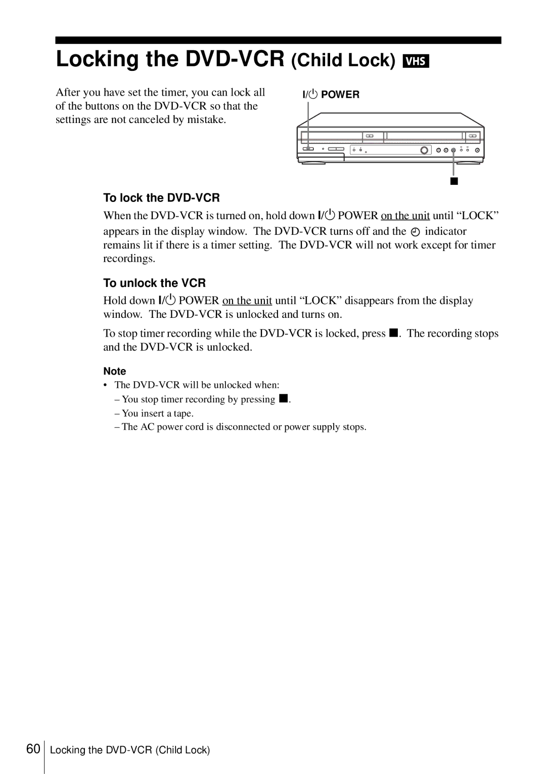 Sony D350P, SLV-D550P operating instructions Locking the DVD-VCR Child Lock, To lock the DVD-VCR, To unlock the VCR 