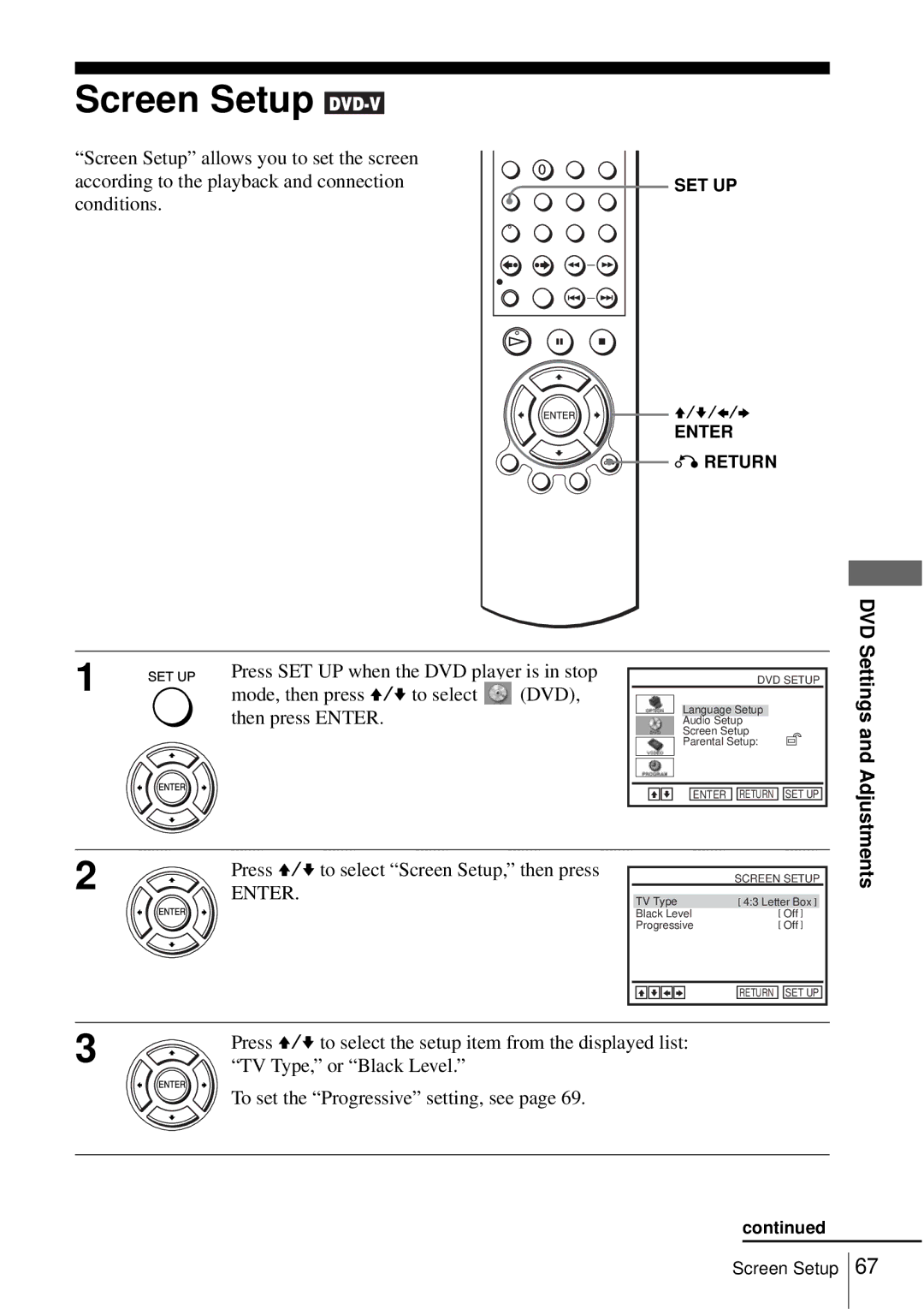 Sony SLV-D550P, D350P operating instructions Screen Setup, TV Type, or Black Level, To set the Progressive setting, see 