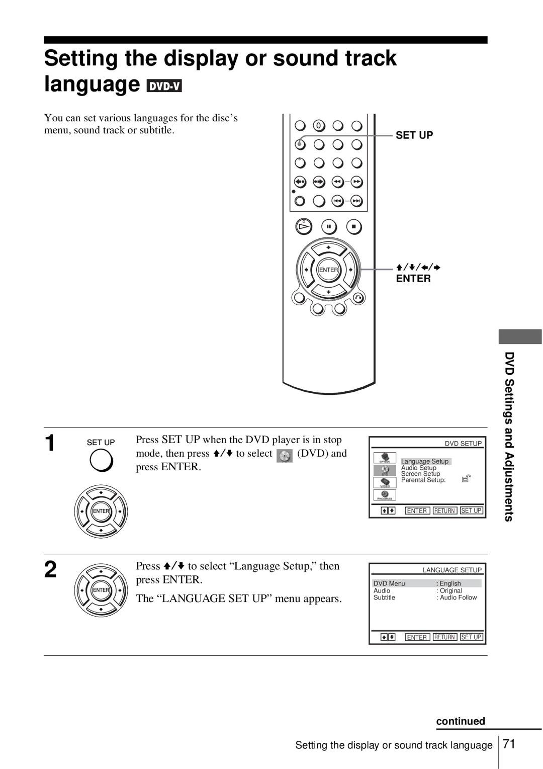 Sony SLV-D550P, D350P operating instructions Setting the display or sound track language, DVD Settings and Adjustments 