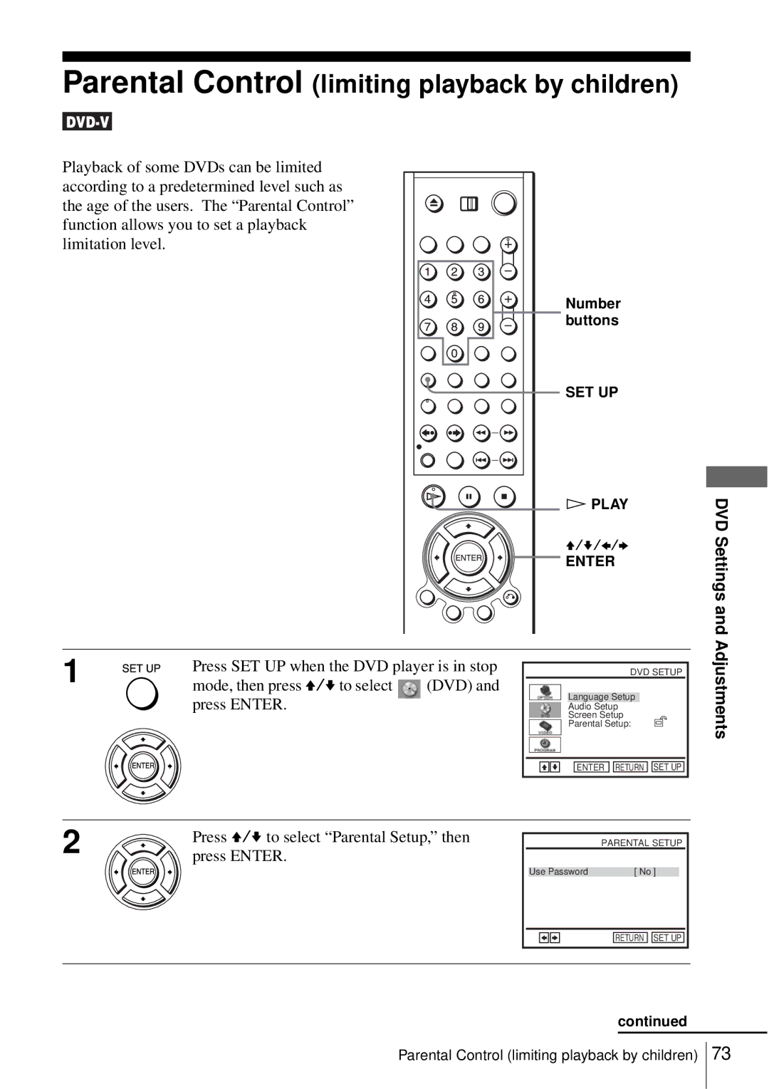 Sony SLV-D550P DVD Settings, Mode, then press V/v to select, Adjustments, Press V/v to select Parental Setup, then, Play 