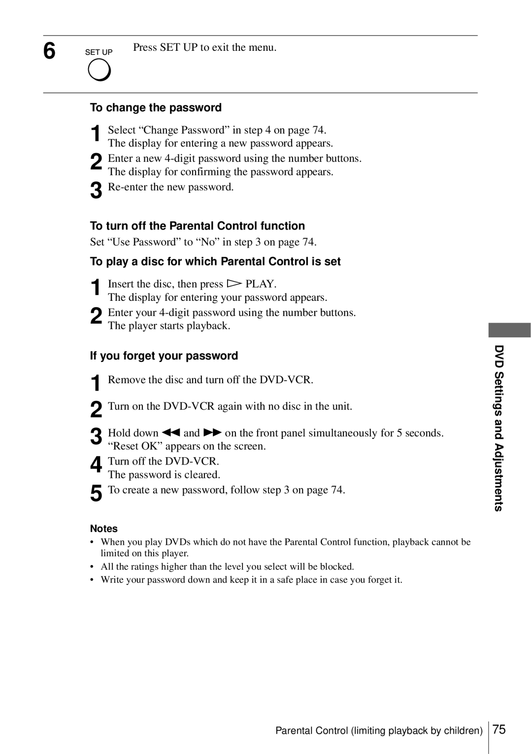 Sony SLV-D550P, D350P To change the password, To turn off the Parental Control function, Set Use Password to No in on 