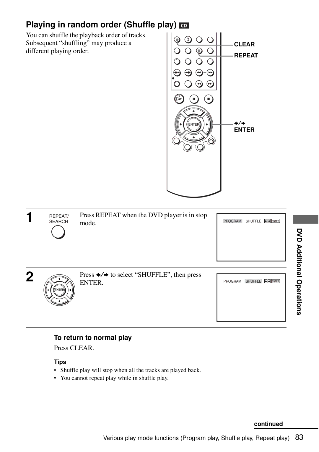 Sony SLV-D550P, D350P operating instructions Playing in random order Shuffle play, DVD Additional, To return to normal play 