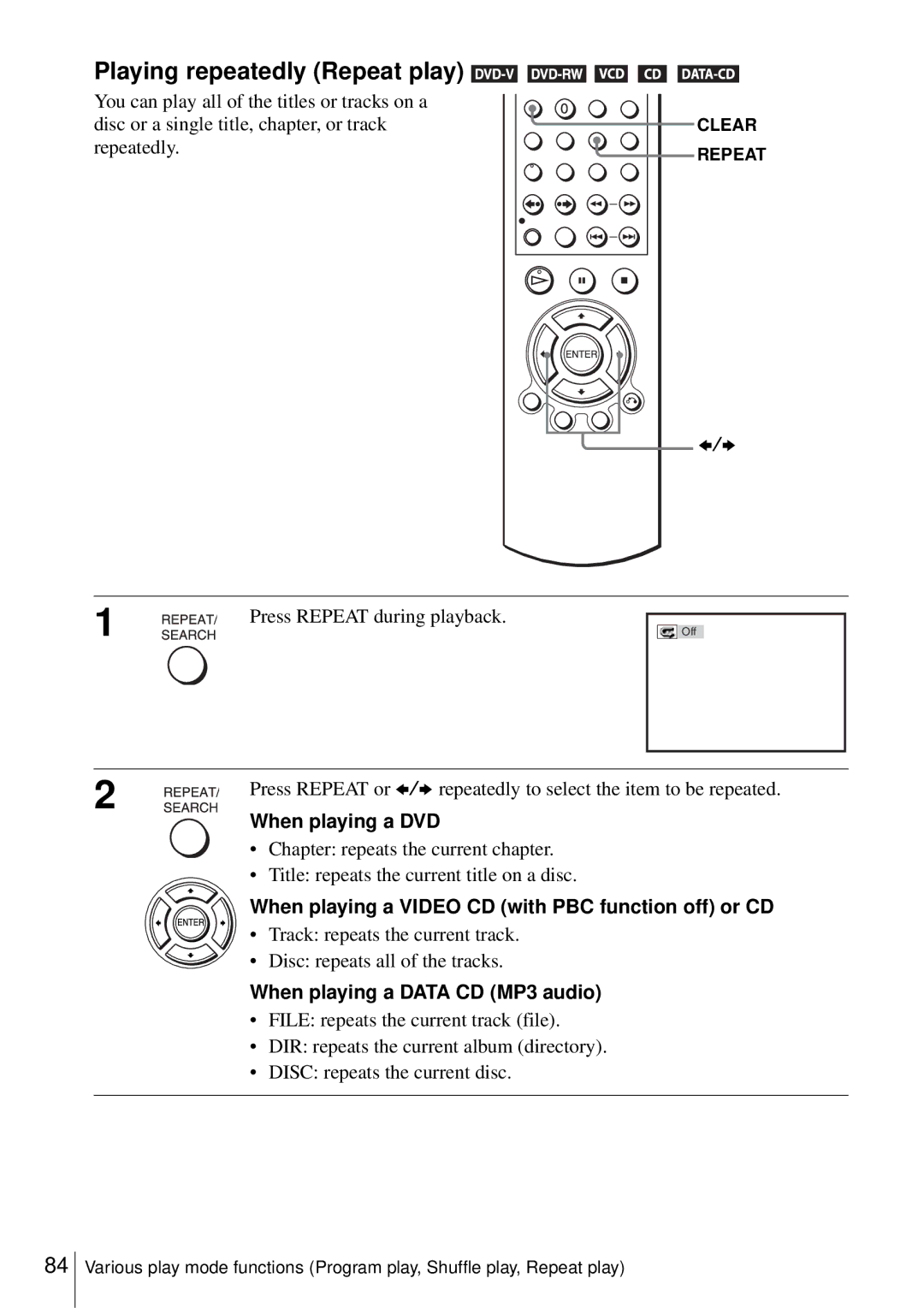 Sony D350P, SLV-D550P Playing repeatedly Repeat play, Press Repeat during playback, When playing a DVD 