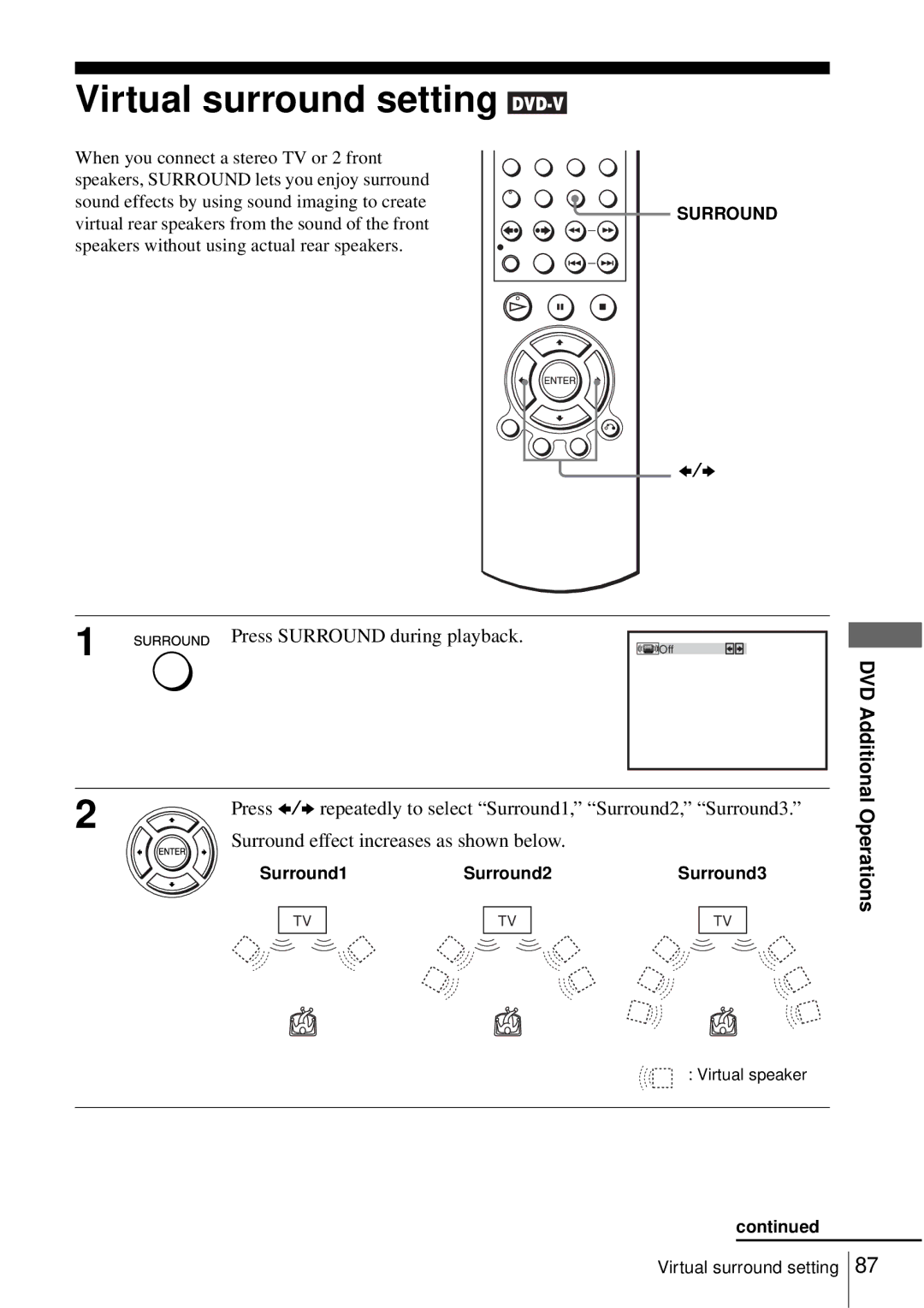 Sony SLV-D550P, D350P Virtual surround setting, Press Surround during playback, Surround effect increases as shown below 