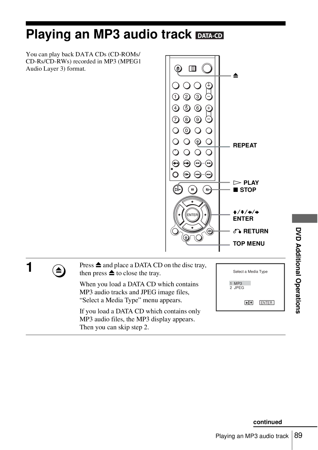 Sony SLV-D550P, D350P Playing an MP3 audio track, Then press Z to close the tray, Operations, Play x Stop 