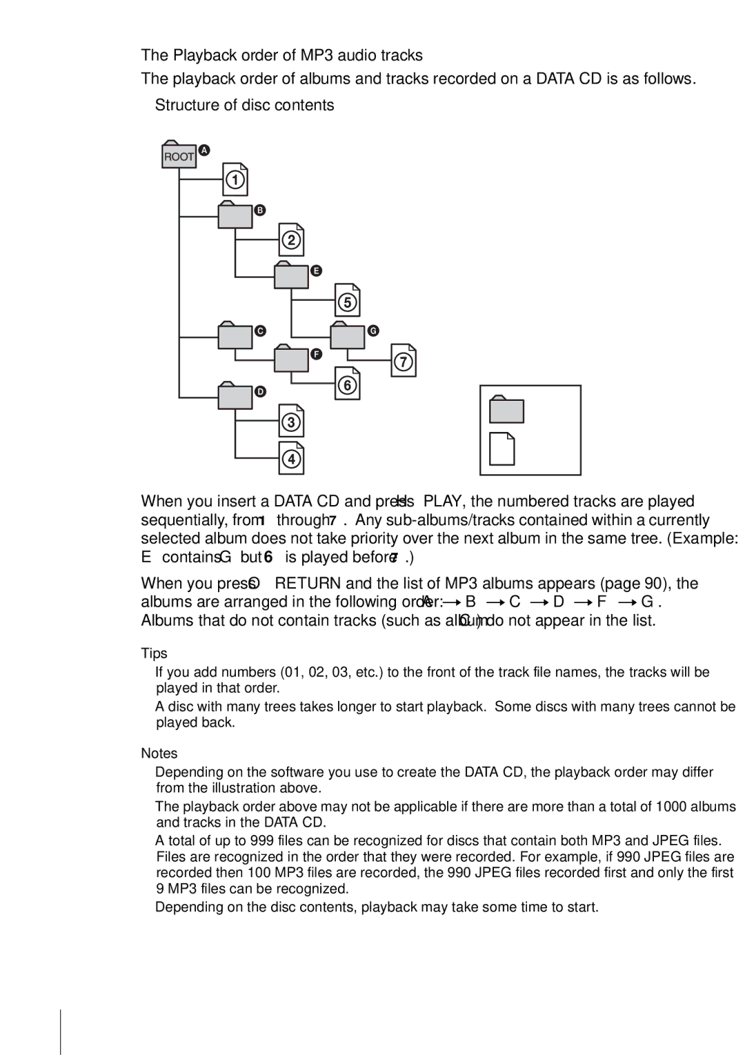 Sony D350P, SLV-D550P operating instructions Playback order of MP3 audio tracks, Tips 