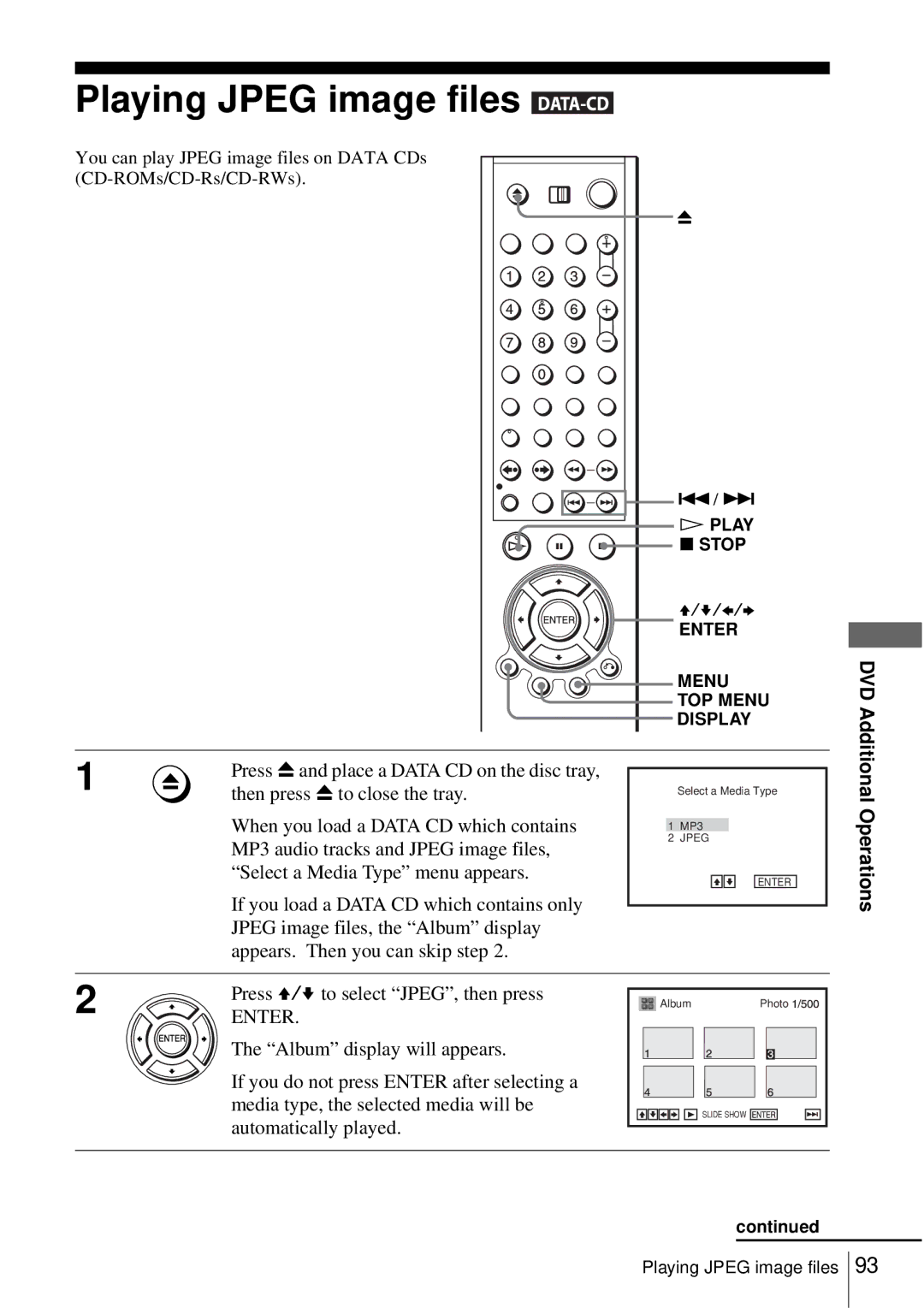 Sony SLV-D550P, D350P operating instructions Playing Jpeg image files, Press V/v to select JPEG, then press 