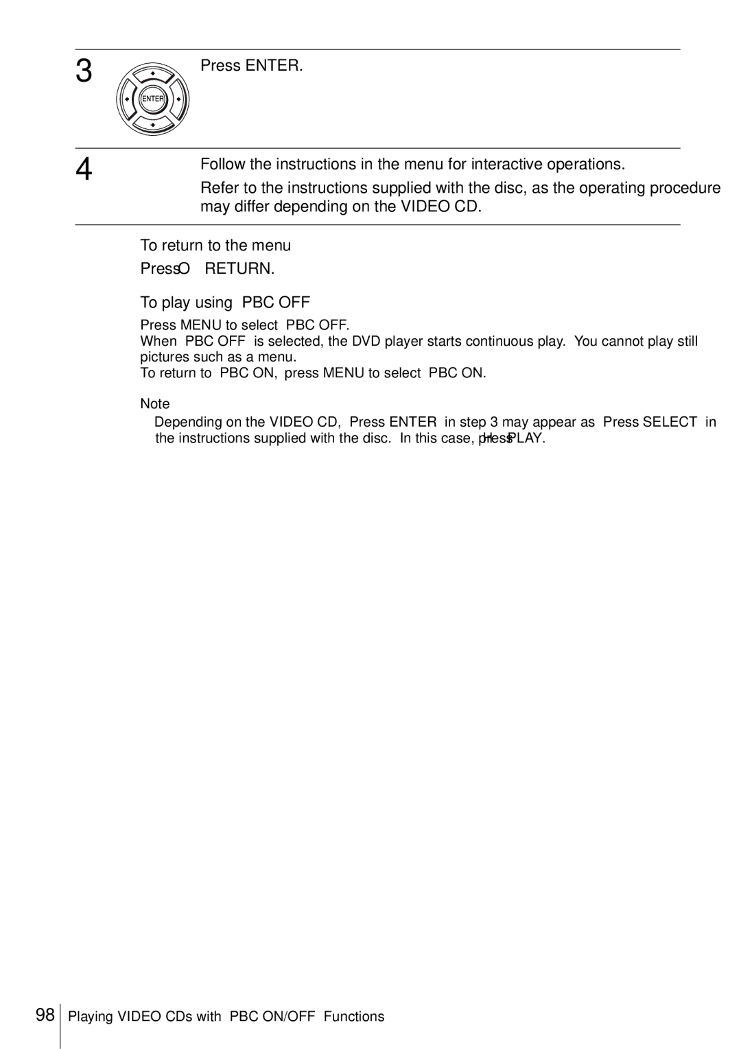 Sony D350P, SLV-D550P May differ depending on the Video CD, To return to the menu, To play using PBC OFF 