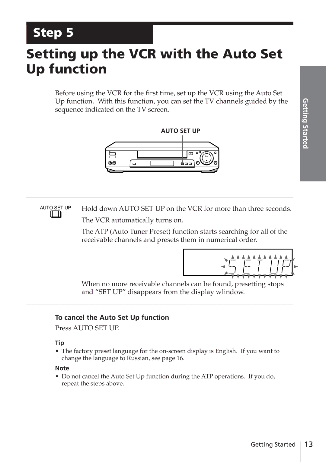 Sony SLV-E580EE manual Setting up the VCR with the Auto Set Up function, To cancel the Auto Set Up function 