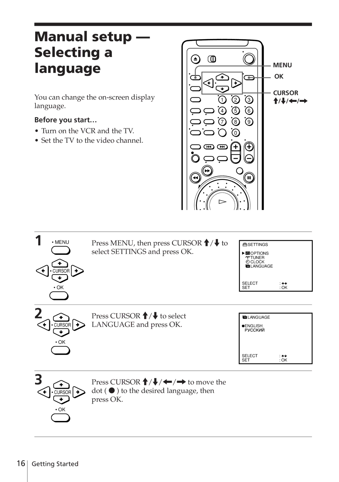 Sony SLV-E580EE manual Manual setup Selecting a language 