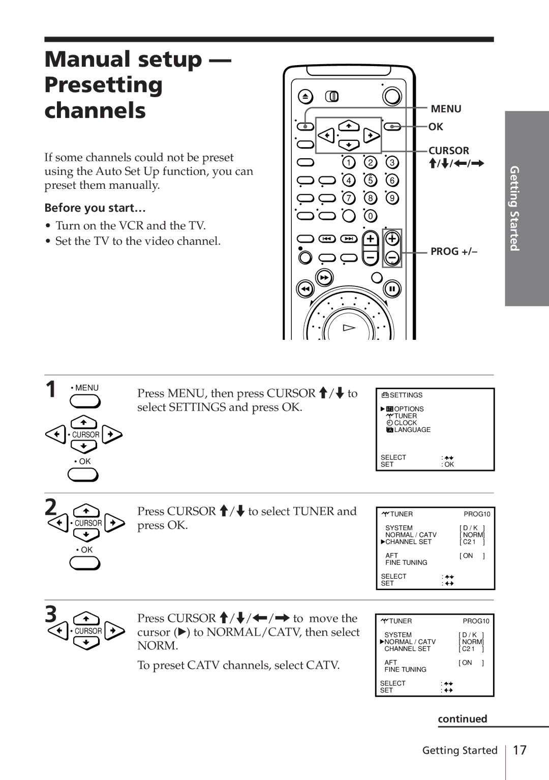 Sony SLV-E580EE manual Manual setup Presetting channels, Prog + 