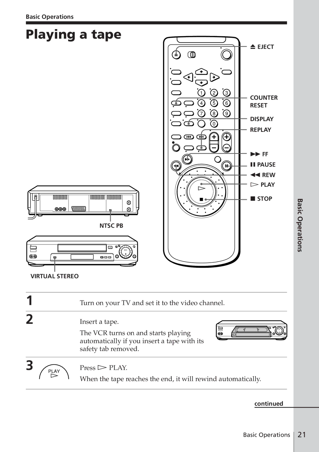 Sony SLV-E580EE manual Playing a tape, Basic Operations, FF P Pause 0 REW á Play Stop 