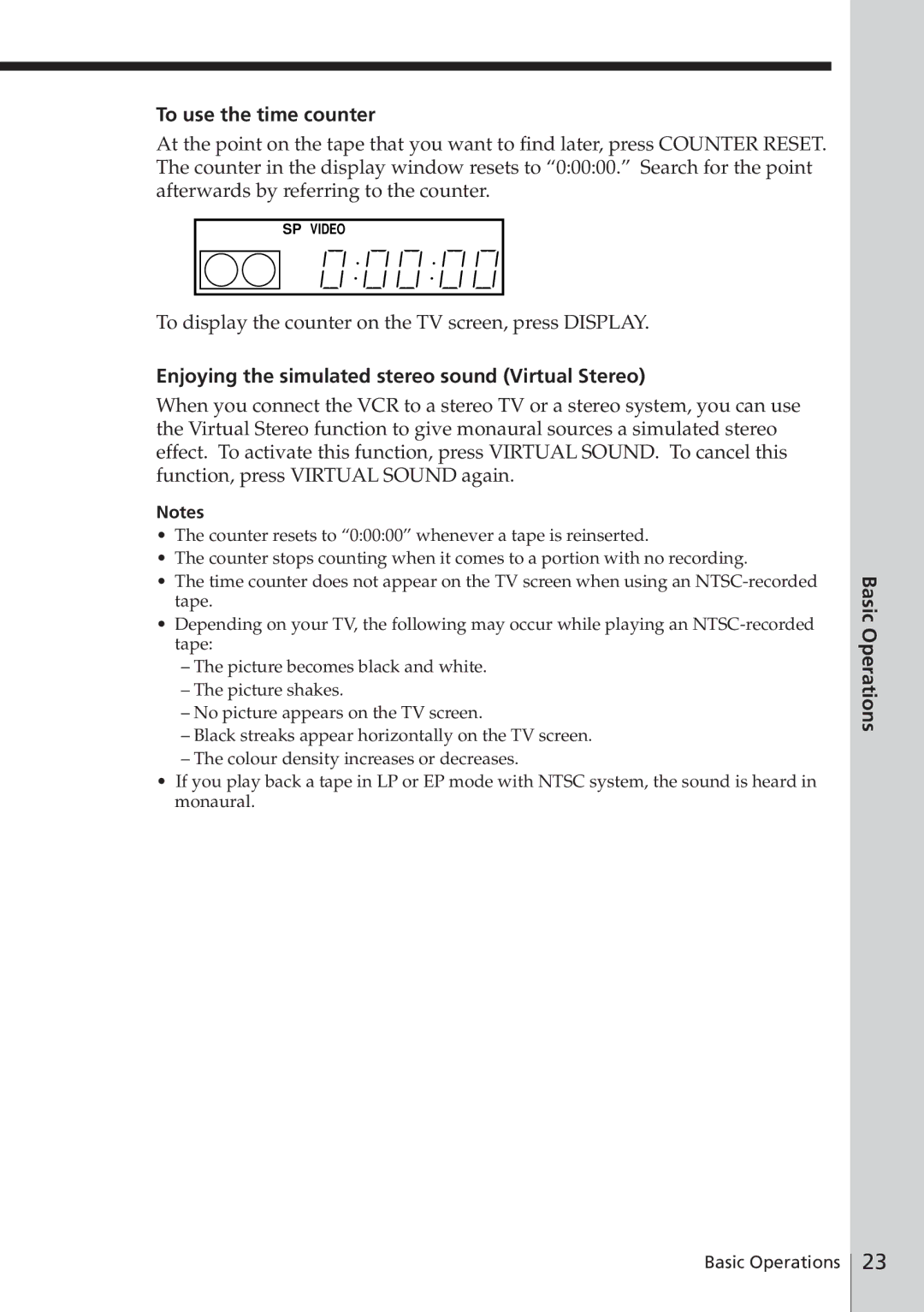 Sony SLV-E580EE manual To use the time counter, Enjoying the simulated stereo sound Virtual Stereo 