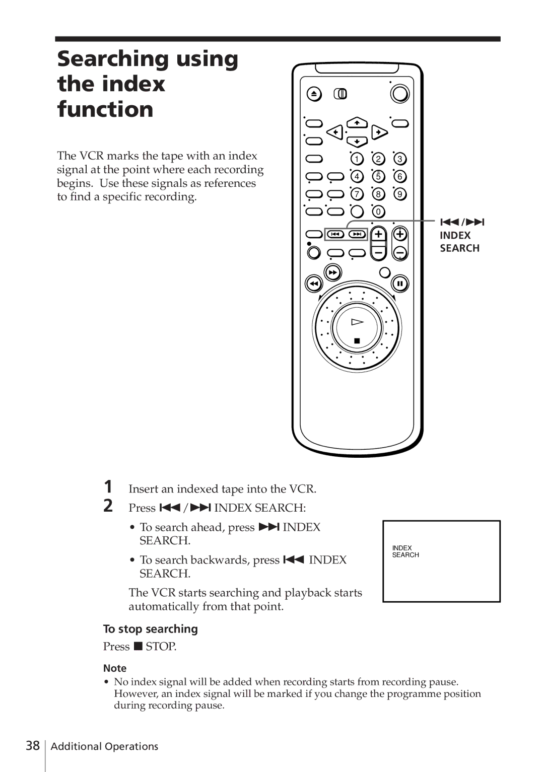 Sony SLV-E580EE manual Searching using the index function, To stop searching 