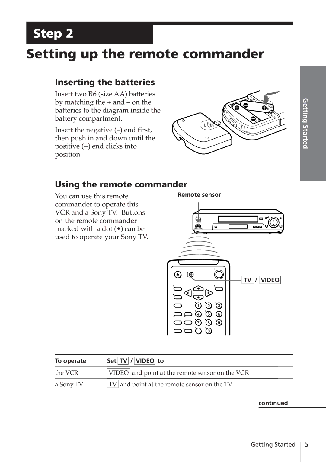 Sony SLV-E580EE manual Setting up the remote commander, Inserting the batteries, Using the remote commander, To operate Set 