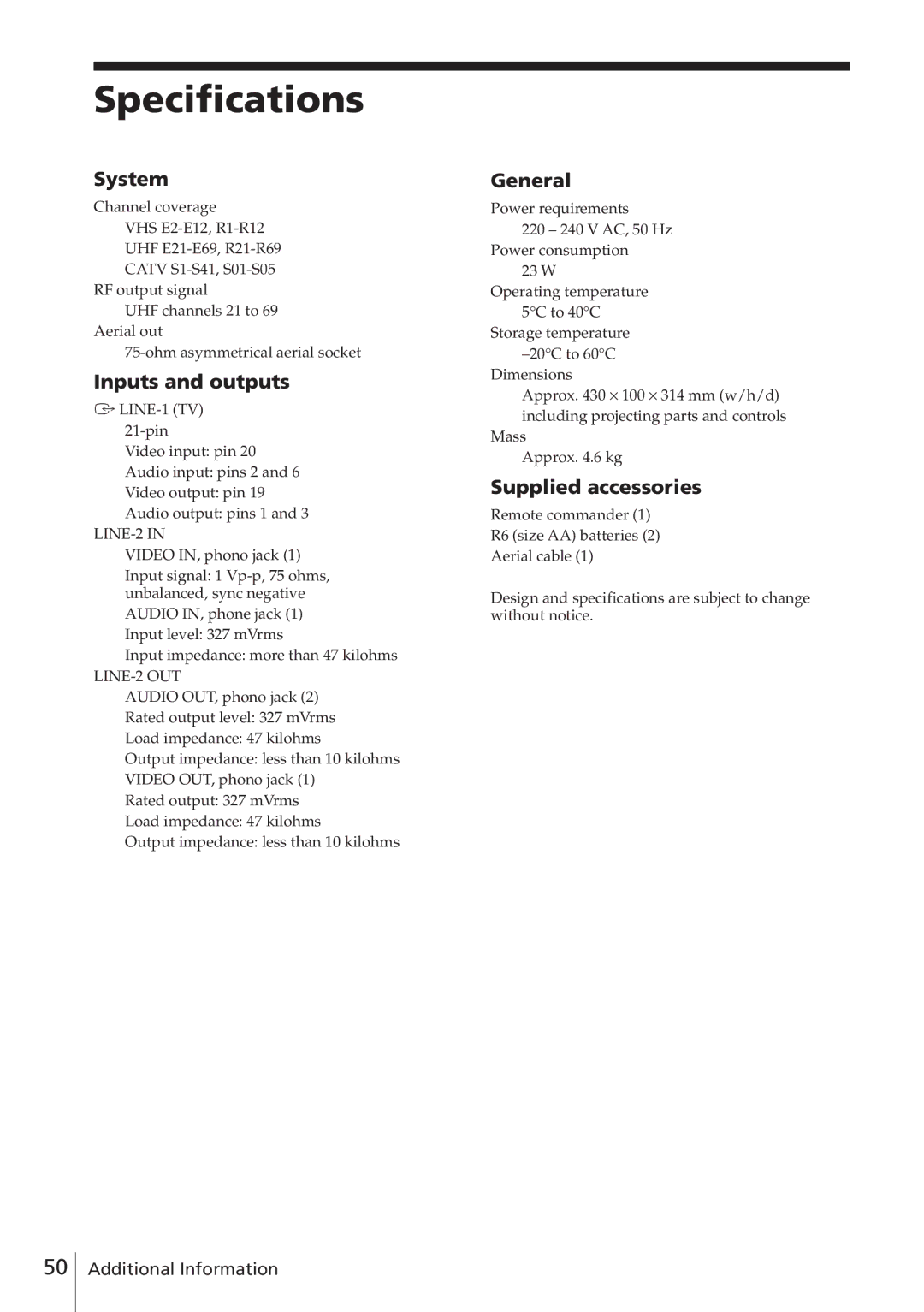 Sony SLV-E580EE manual Specifications, System, Inputs and outputs, General, Supplied accessories 