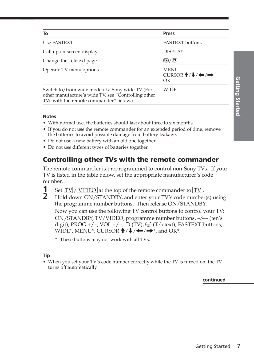 Sony SLV-E580EE manual Controlling other TVs with the remote commander, Display, Menu, Wide, Tip 