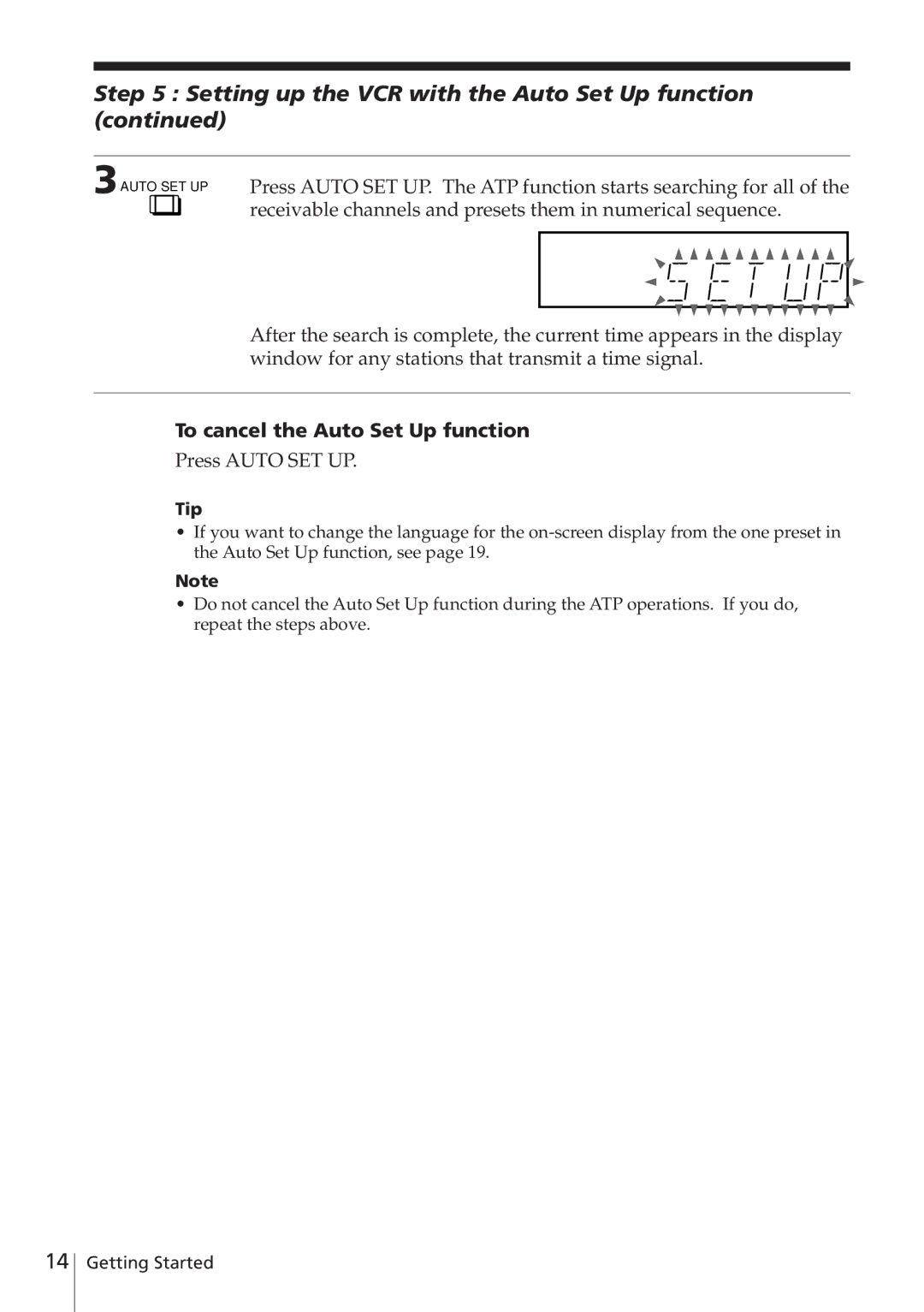 Sony SLV-E580EG Setting up the VCR with the Auto Set Up function, To cancel the Auto Set Up function, Press Auto SET UP 