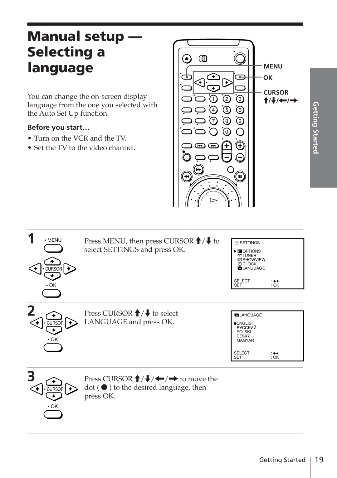 Sony SLV-E580EG manual Manual setup Selecting a language, Press Cursor /.to select Language and press OK 