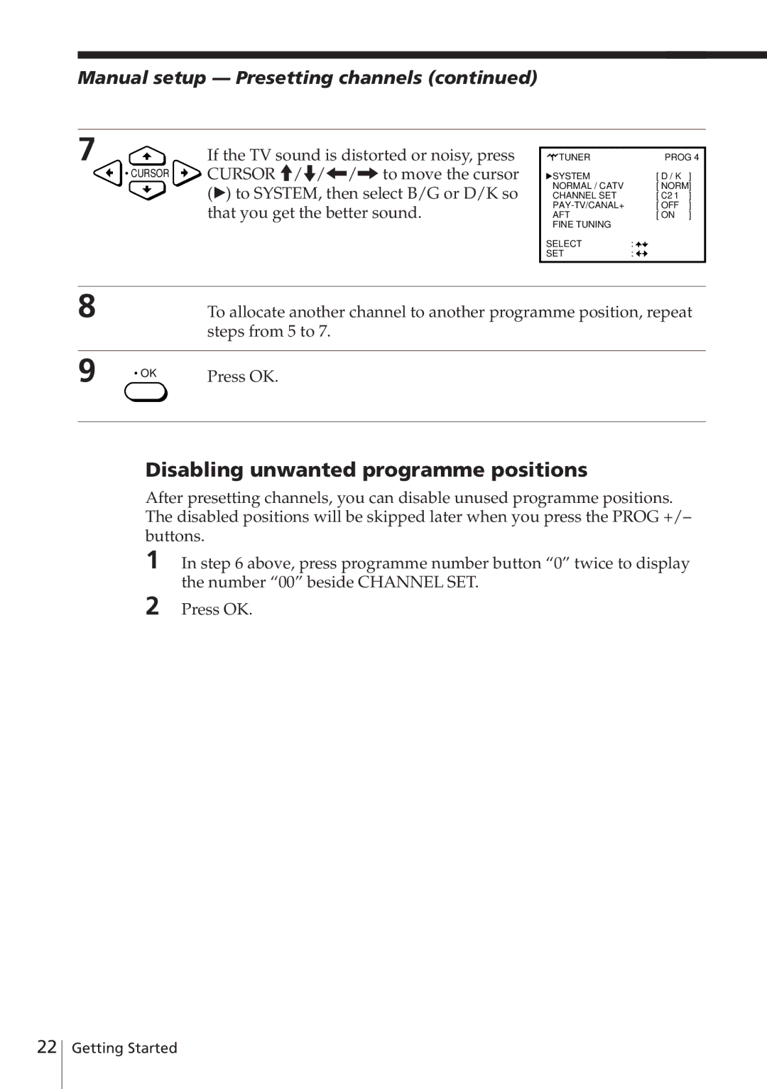 Sony SLV-E580EG manual Disabling unwanted programme positions, Manual setup -- Presetting channels 