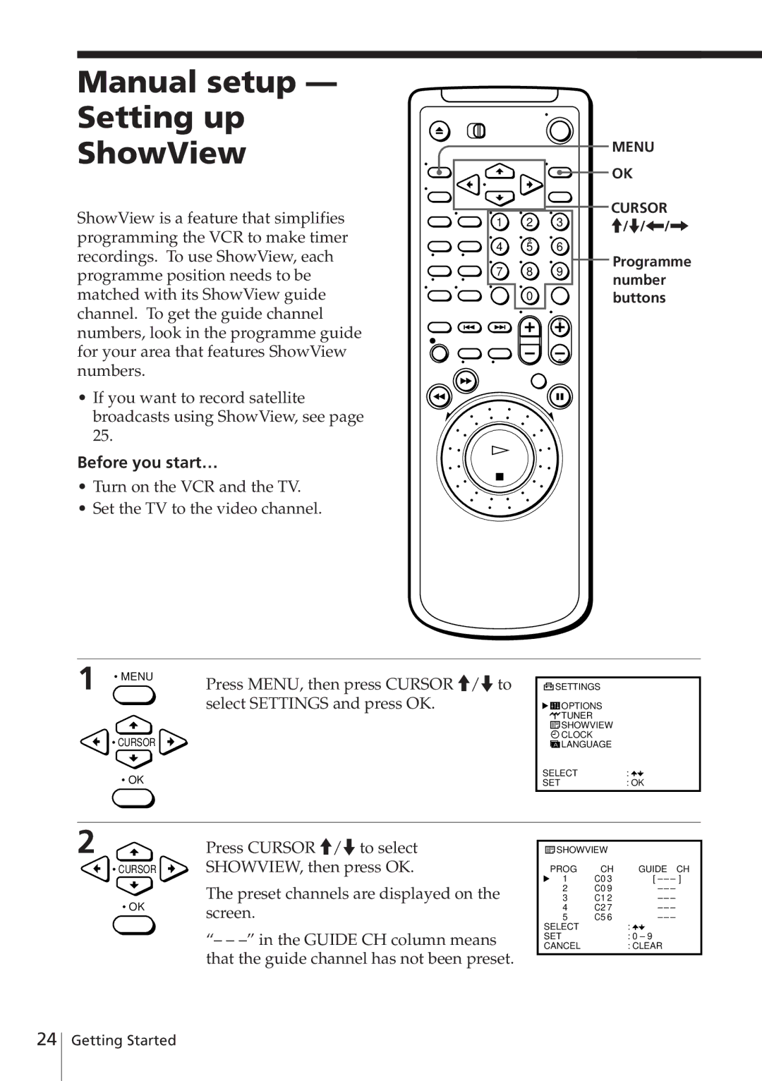 Sony SLV-E580EG manual Manual setup Setting up ShowView, Before you start… 