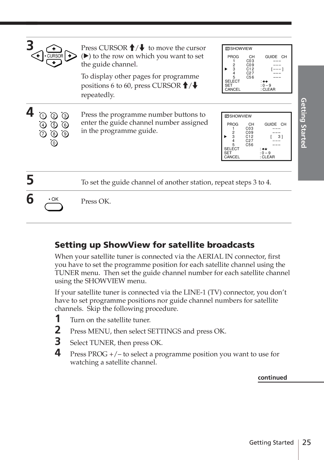 Sony SLV-E580EG manual Setting up ShowView for satellite broadcasts, Press OK 