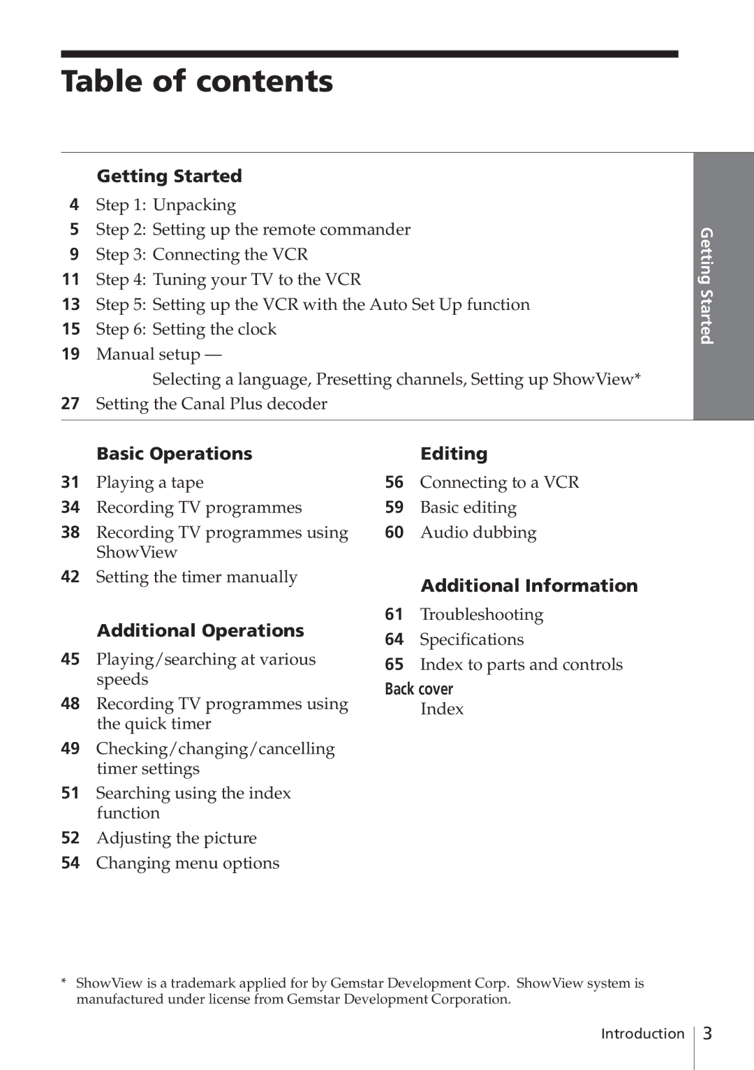 Sony SLV-E580EG manual Table of contents 