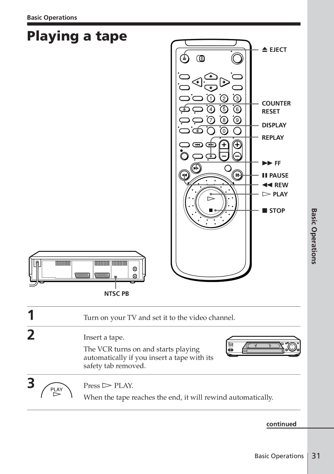 Sony SLV-E580EG manual Playing a tape, Turn on your TV and set it to the video channel, Press á Play, Basic Operations 