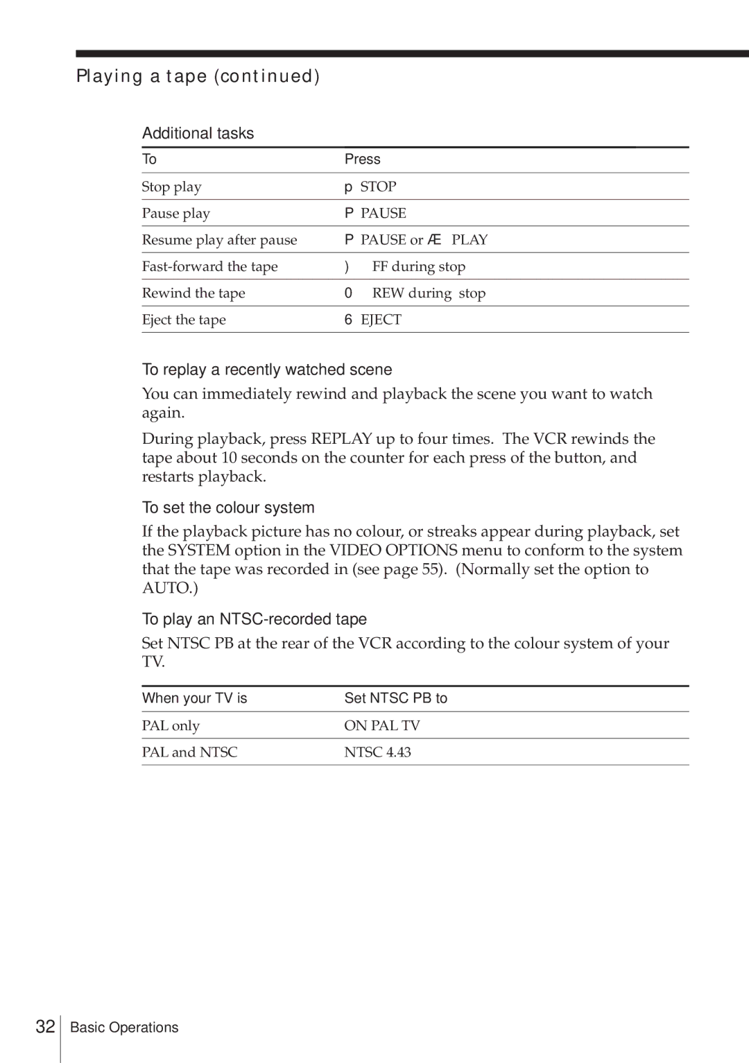 Sony SLV-E580EG manual Playing a tape, Additional tasks, To replay a recently watched scene, To set the colour system 