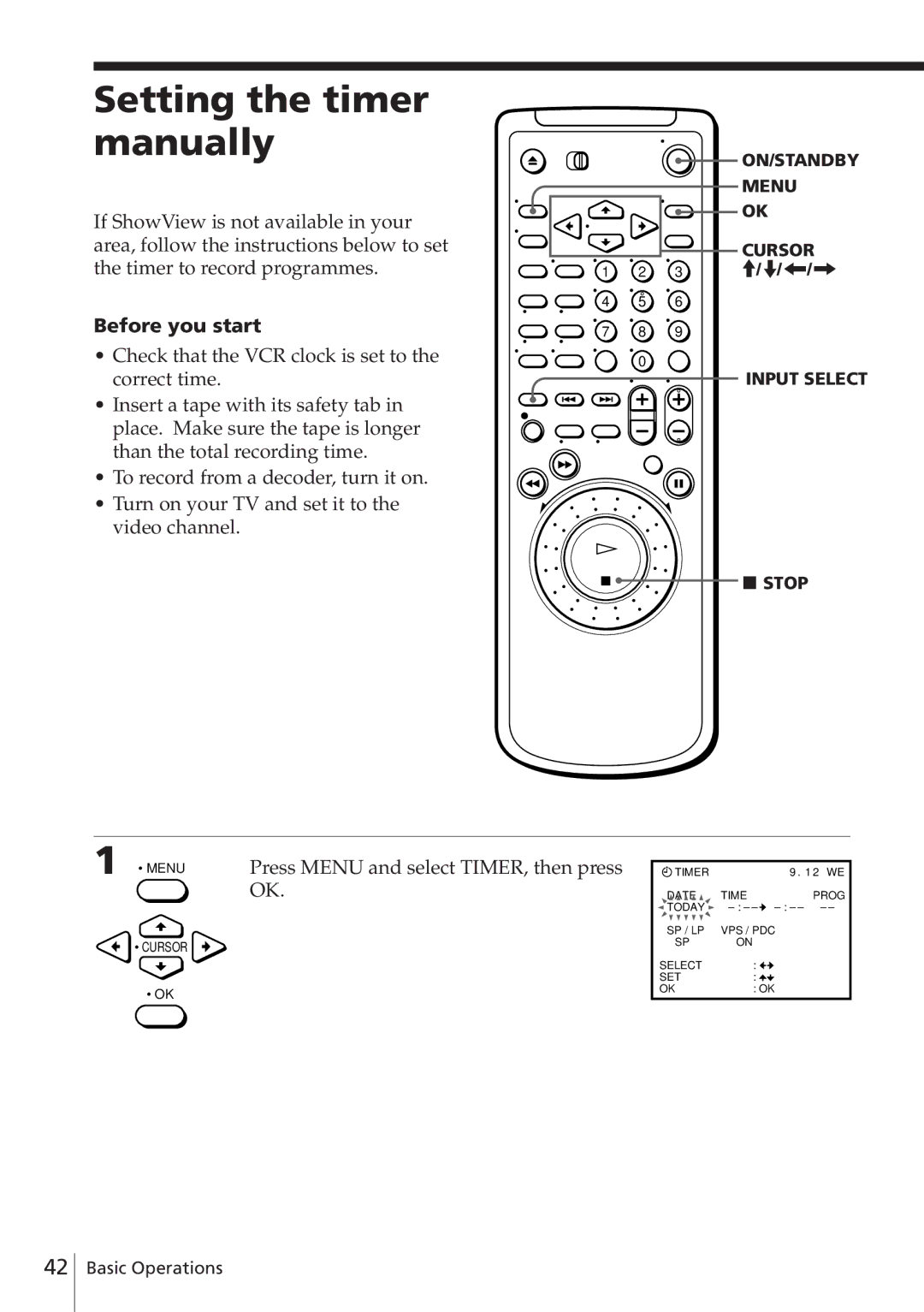 Sony SLV-E580EG Setting the timer manually, Press Menu and select TIMER, then press OK 