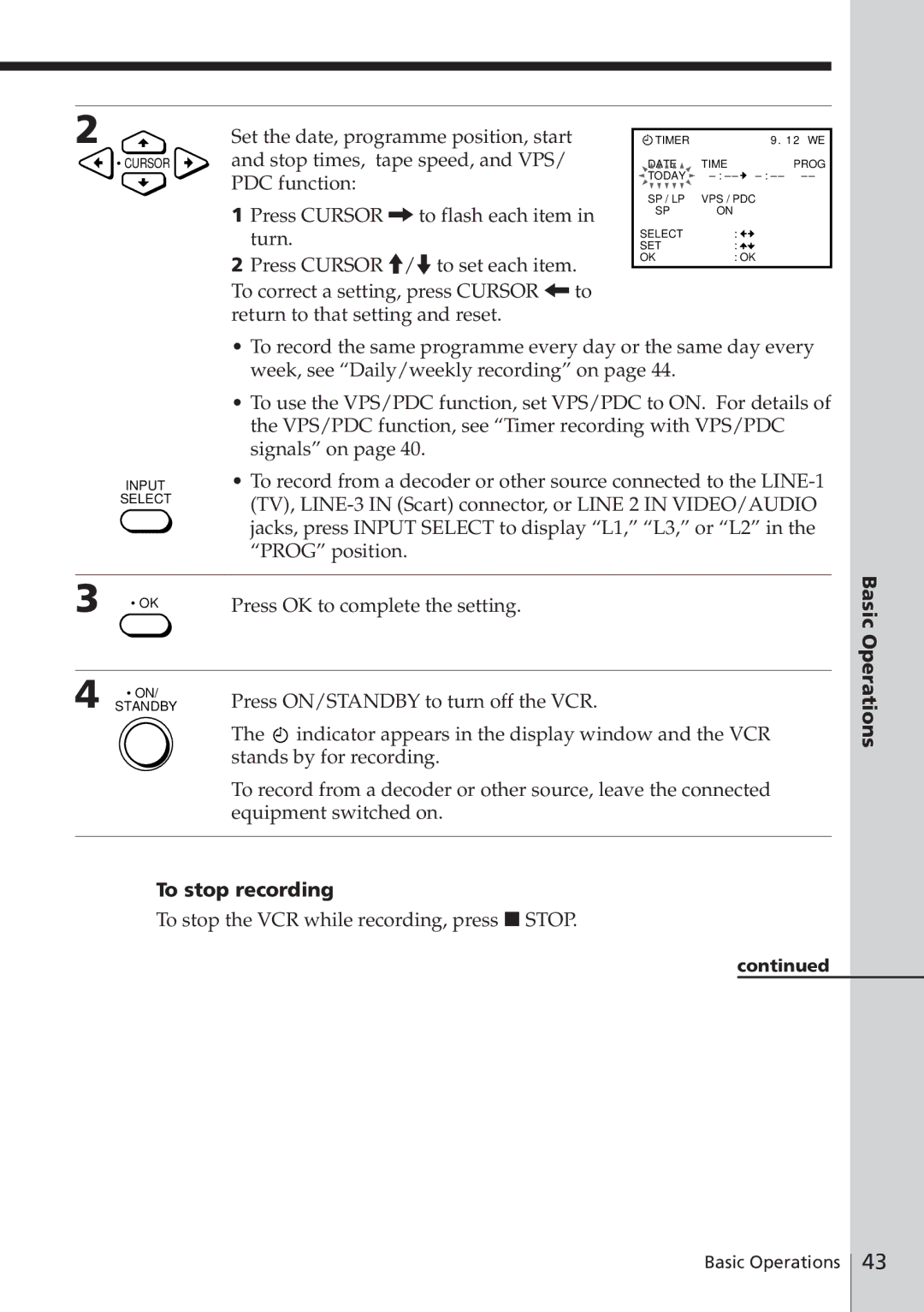 Sony SLV-E580EG manual Basic, Operations To stop recording 