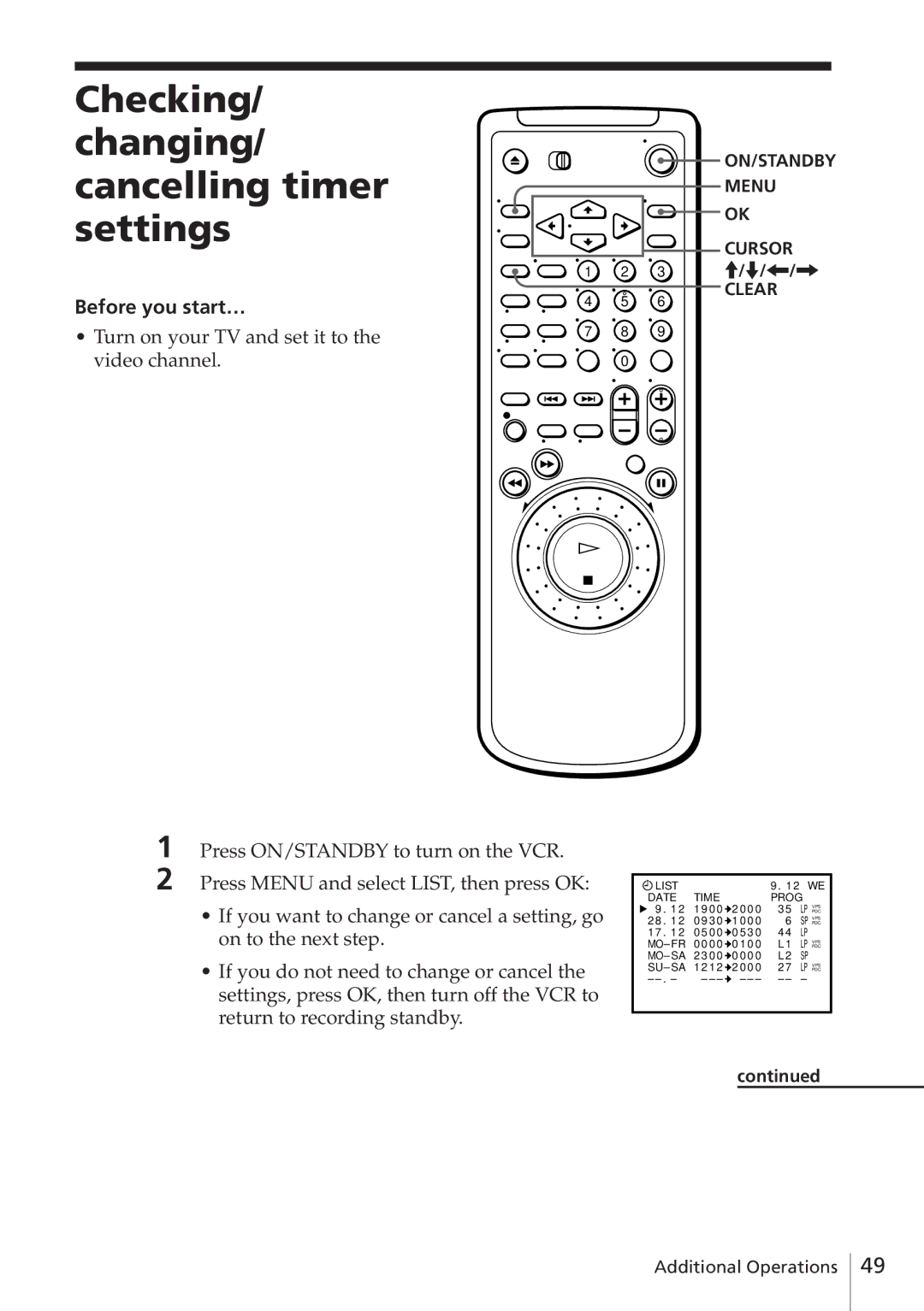 Sony SLV-E580EG manual Checking Changing/ cancelling timer settings, Before you start… 