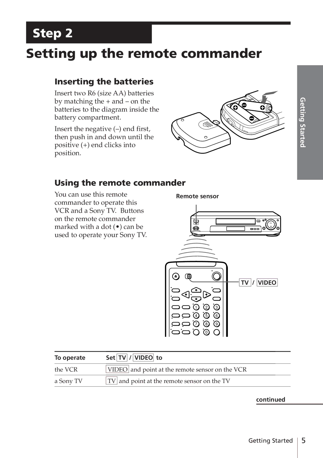 Sony SLV-E580EG manual Setting up the remote commander, Inserting the batteries, Using the remote commander, Remote sensor 