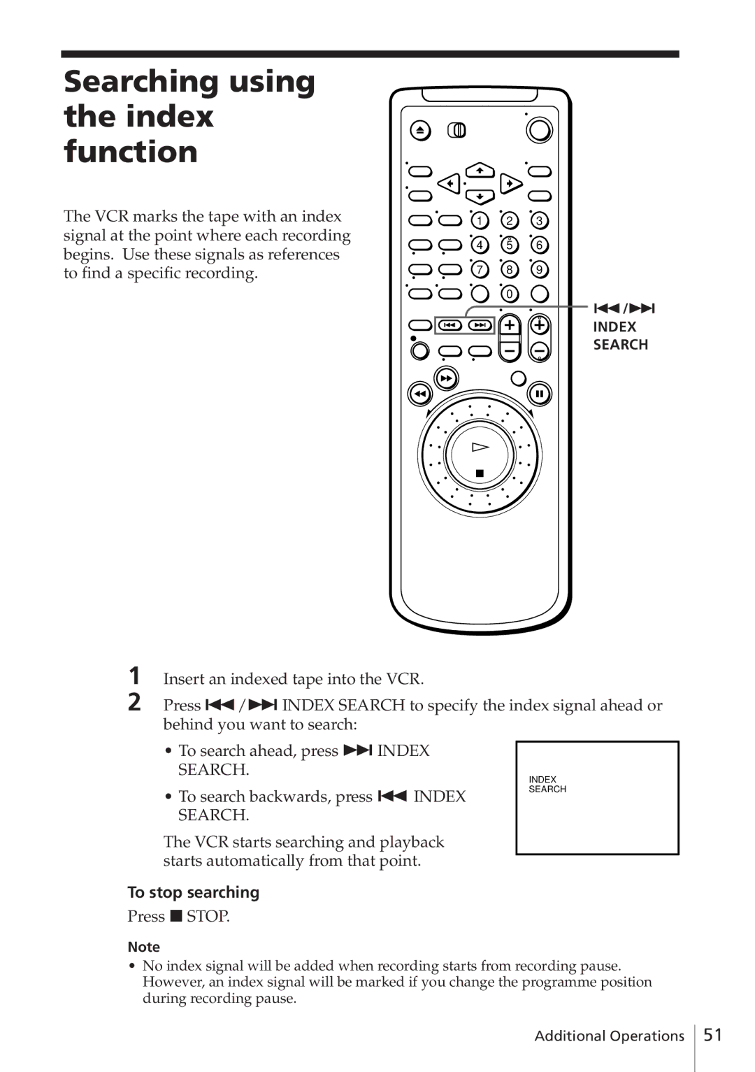 Sony SLV-E580EG manual Searching using the index function, To search backwards, press = Index, To stop searching 