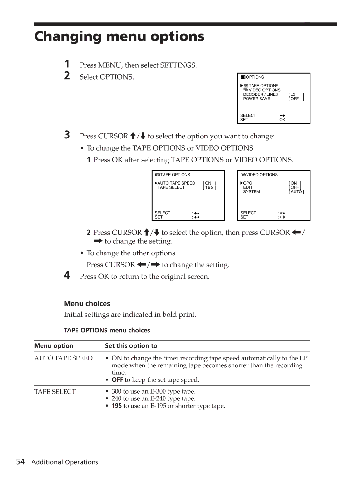 Sony SLV-E580EG manual Changing menu options, Press MENU, then select SETTINGS. Select Options, Menu choices 