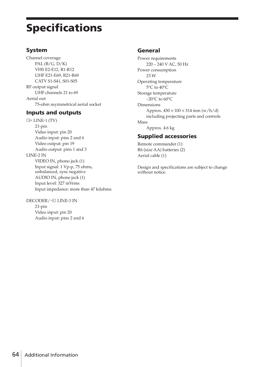 Sony SLV-E580EG manual Specifications, System, Inputs and outputs, General, Supplied accessories 