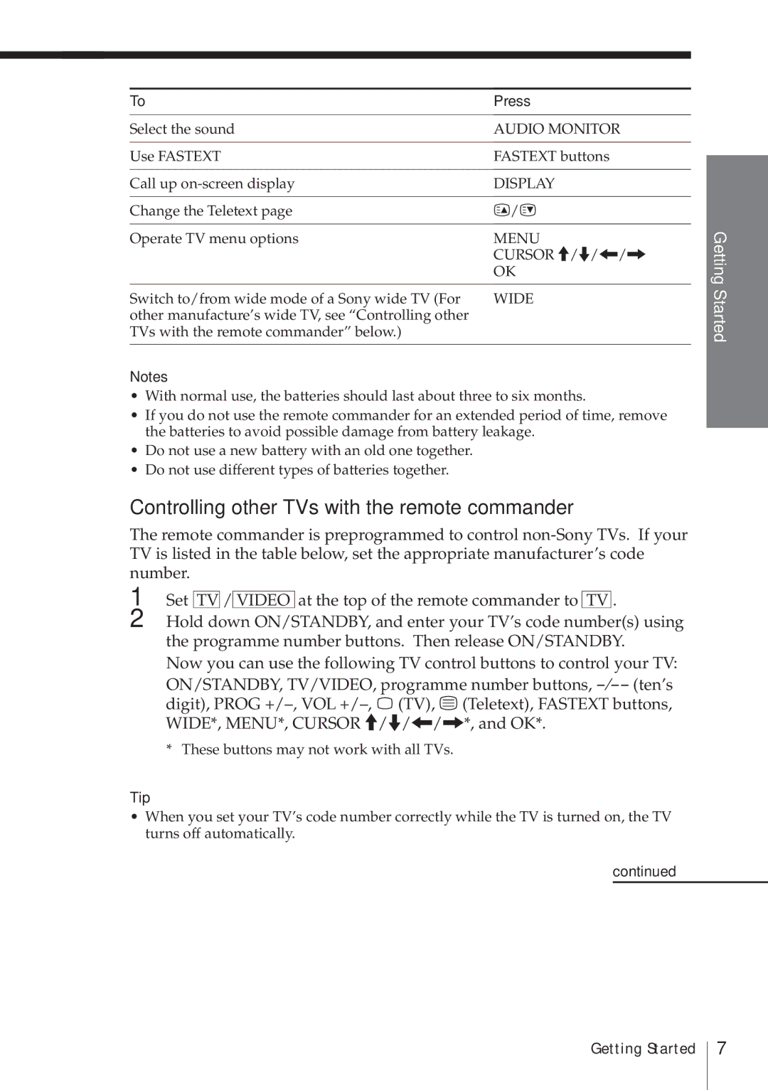 Sony SLV-E580EG manual Controlling other TVs with the remote commander, Tip 