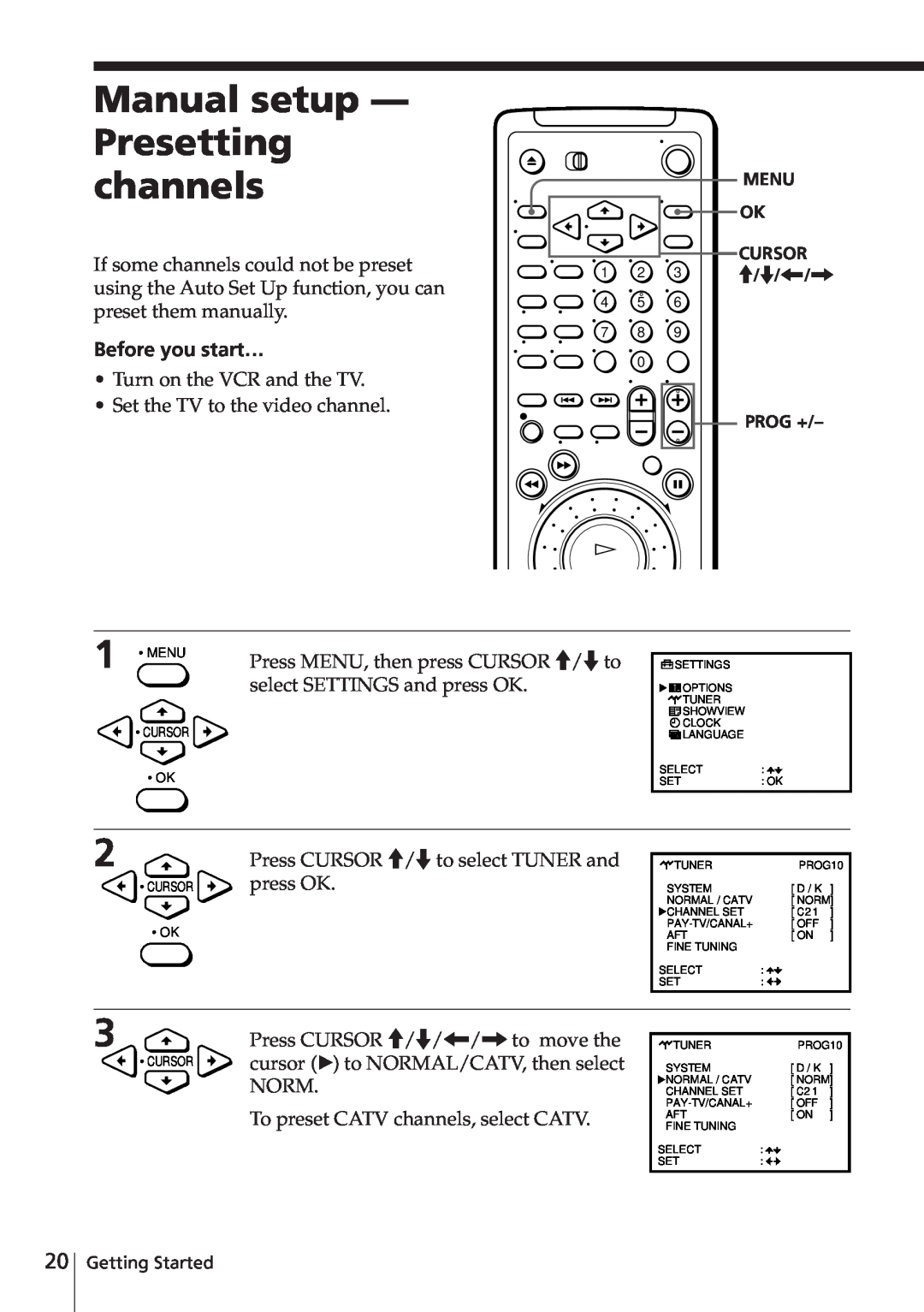 Sony SLV-E580EG manual Manual setup - Presetting channels, Before you start… 