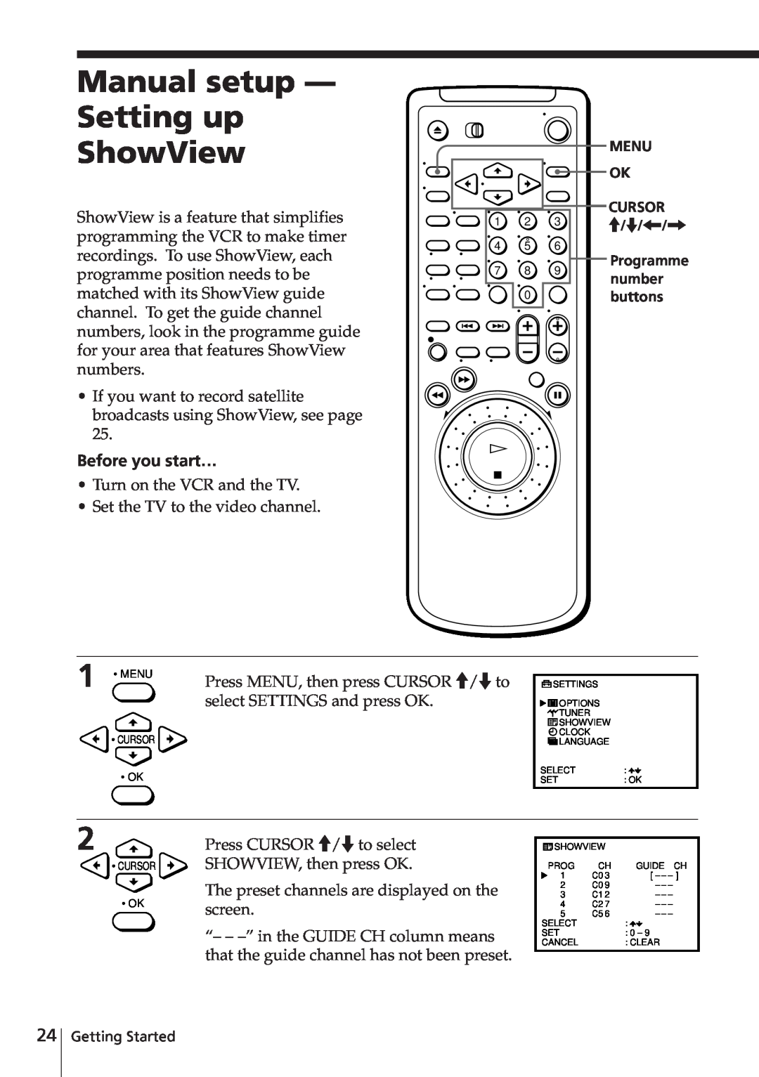 Sony SLV-E580EG manual Manual setup - Setting up ShowView, Before you start…, Programme 