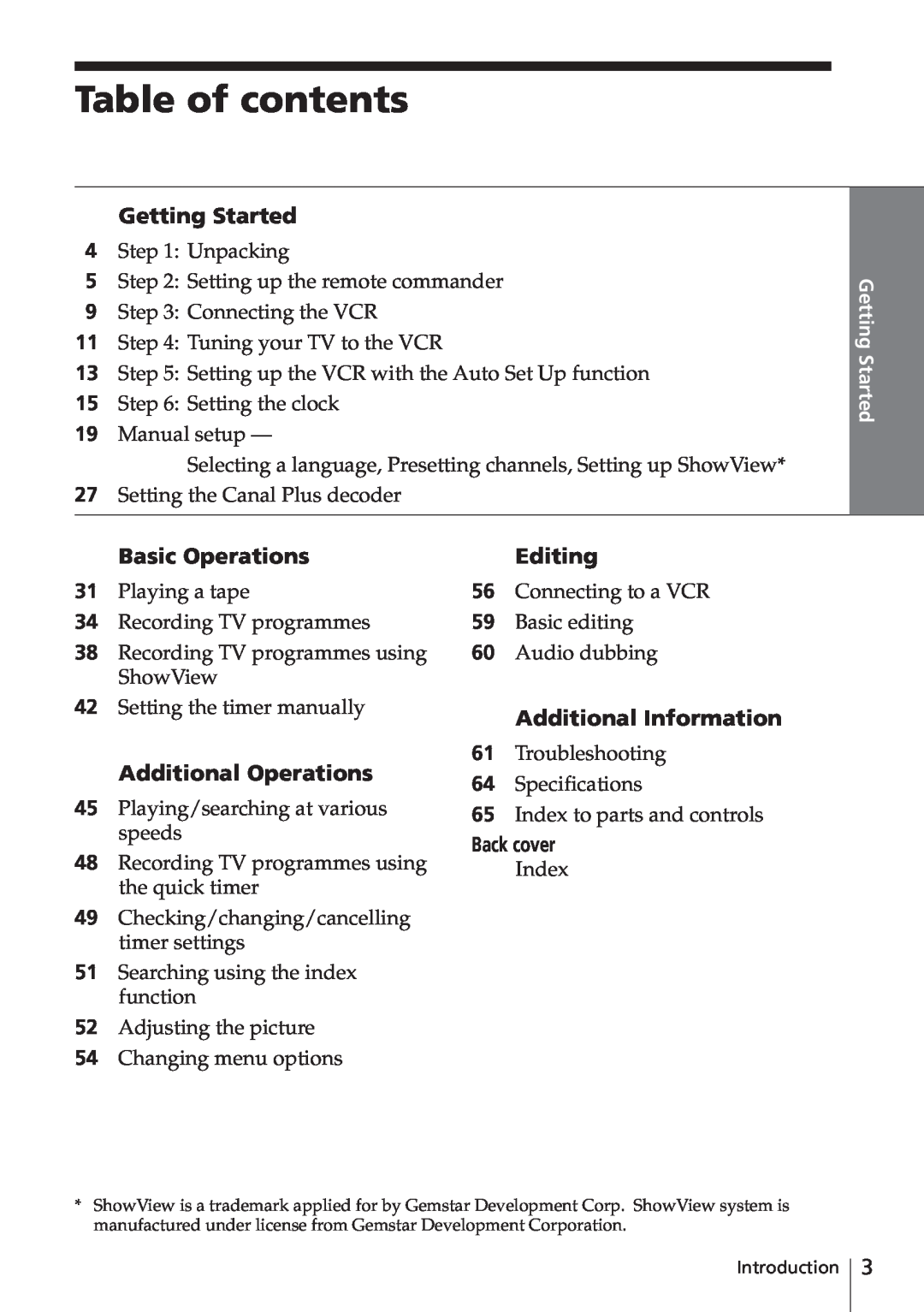Sony SLV-E580EG manual Table of contents, Getting Started, Basic Operations, Additional Operations, Editing, Back cover 