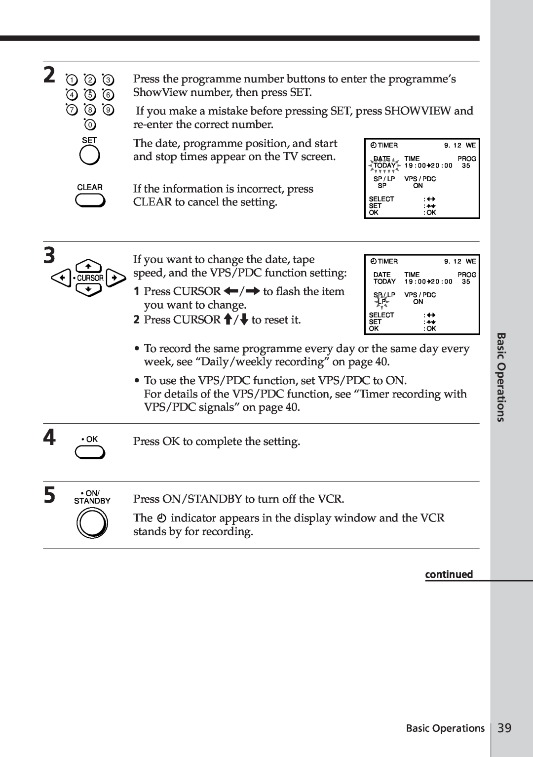 Sony SLV-E580EG manual If the information is incorrect, press CLEAR to cancel the setting, Basic Operations 