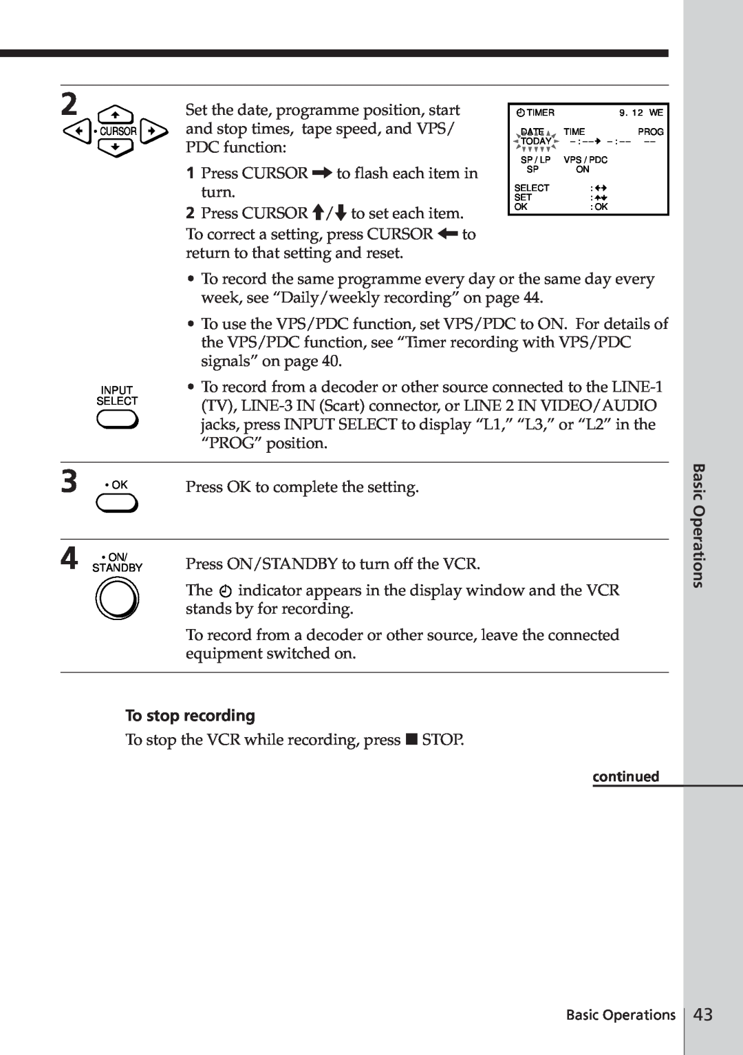 Sony SLV-E580EG manual Basic, Operations, To stop recording 