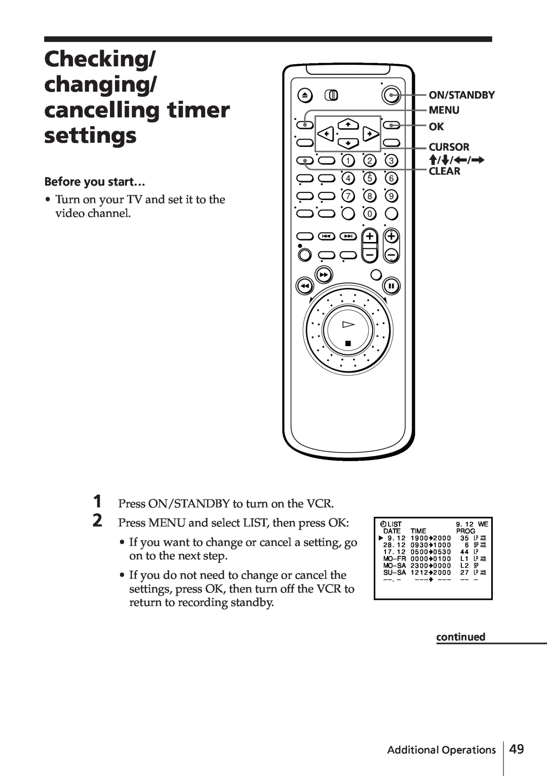 Sony SLV-E580EG manual Checking changing/ cancelling timer settings, Before you start… 