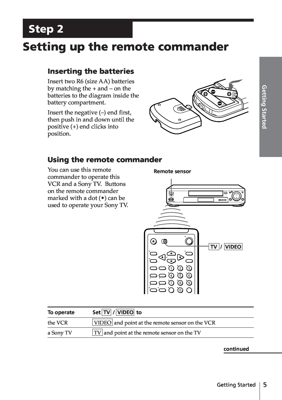 Sony SLV-E580EG manual Setting up the remote commander, Inserting the batteries, Using the remote commander, Step 