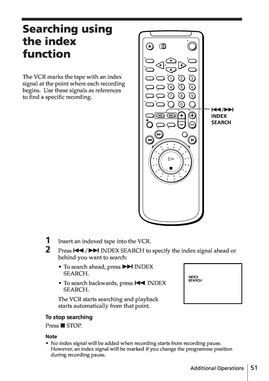 Sony SLV-E580EG manual Searching using the index function, To stop searching 
