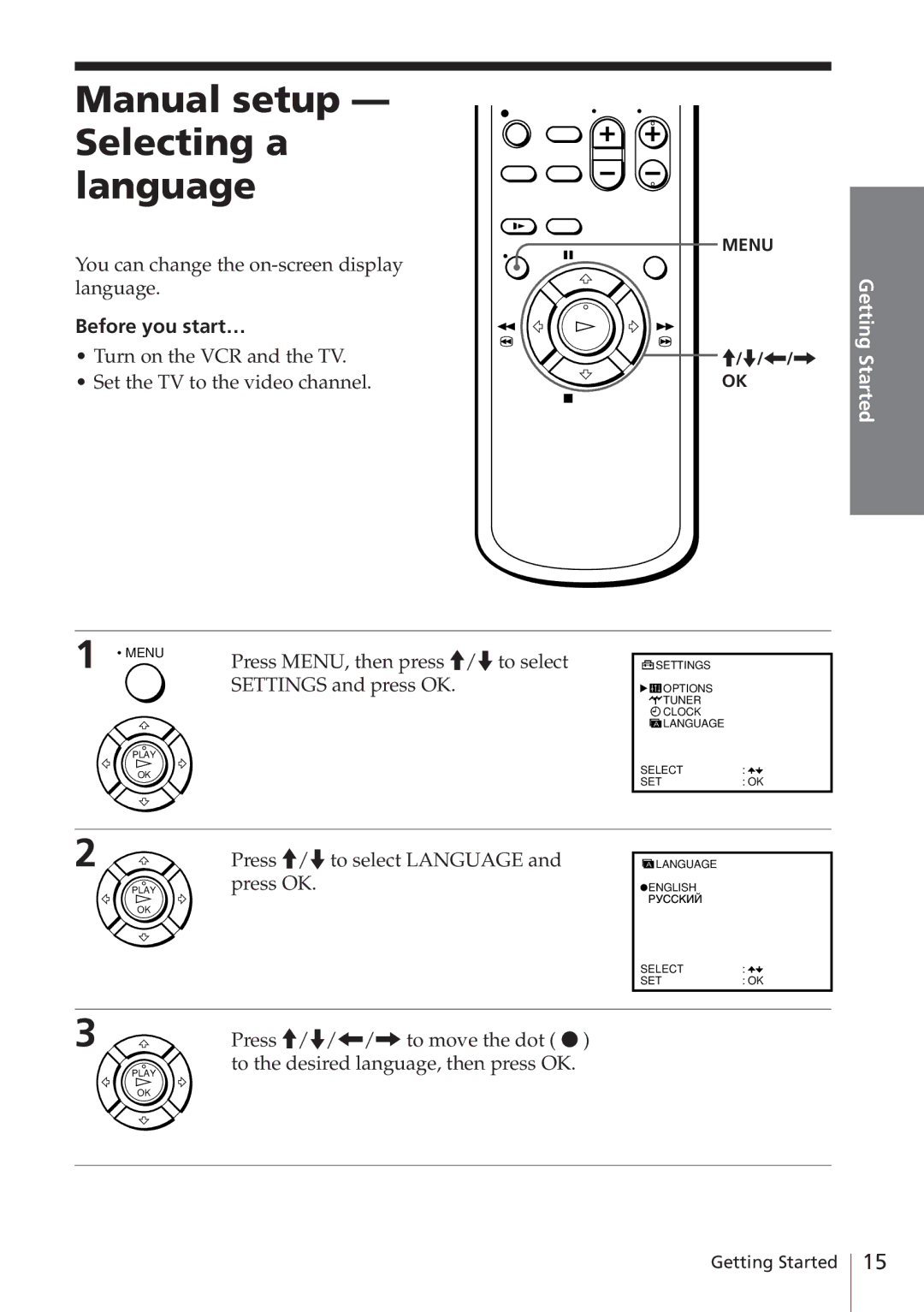 Sony SLV-E780EE manual Manual setup Selecting a language, You can change the on-screen display language 